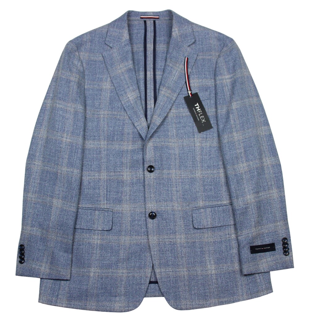 Tommy Hilfiger Gene Sport Coat Mens 40 R Light Blue Plaid TH FLEX Stretch Blazer